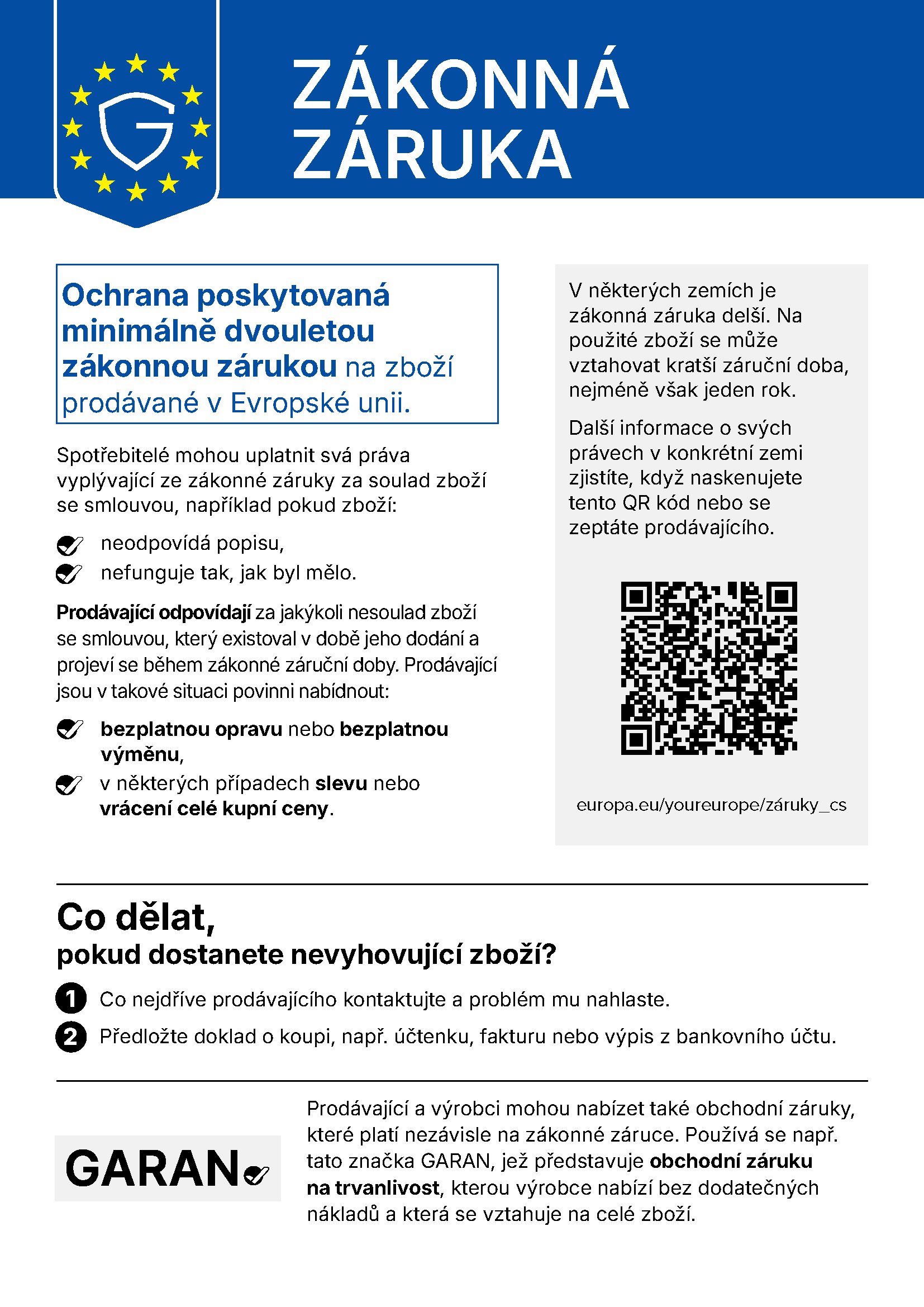 Harmonizované oznámení EU o zákonné záruce pro spotřebitele